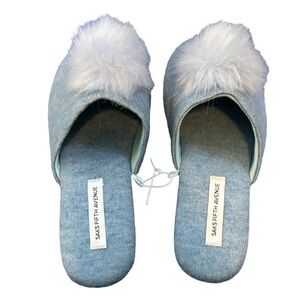 Sak’s Fifth Avenue Blue Knit Faux Fur Pom Pom Slide On Slippers Size 7